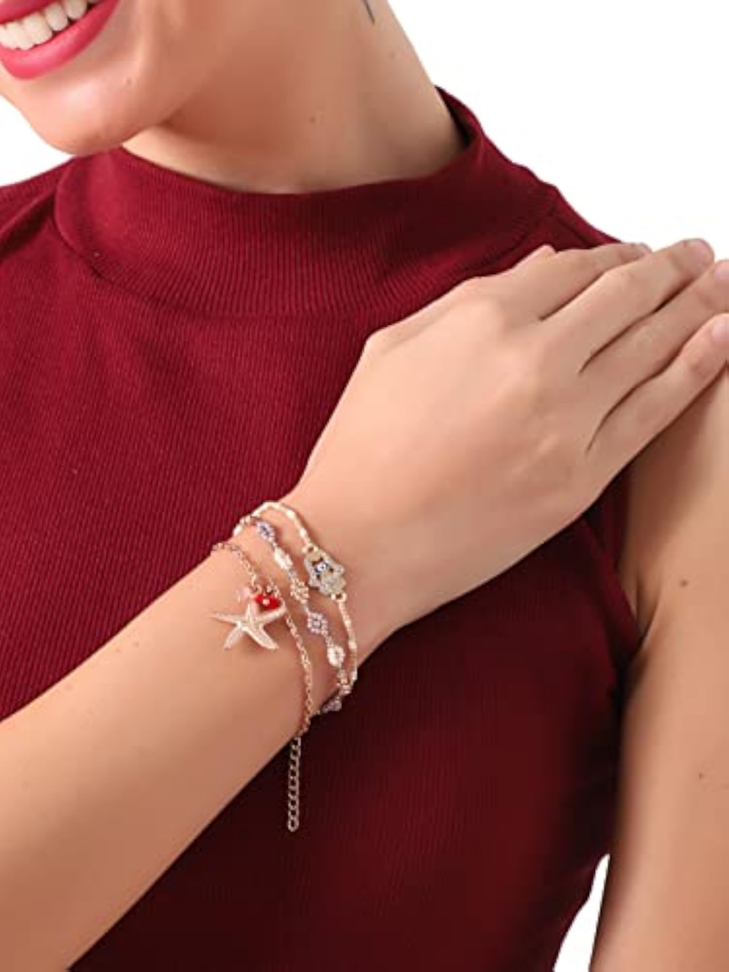 3 Row Flower Star Fish Charm Bracelet